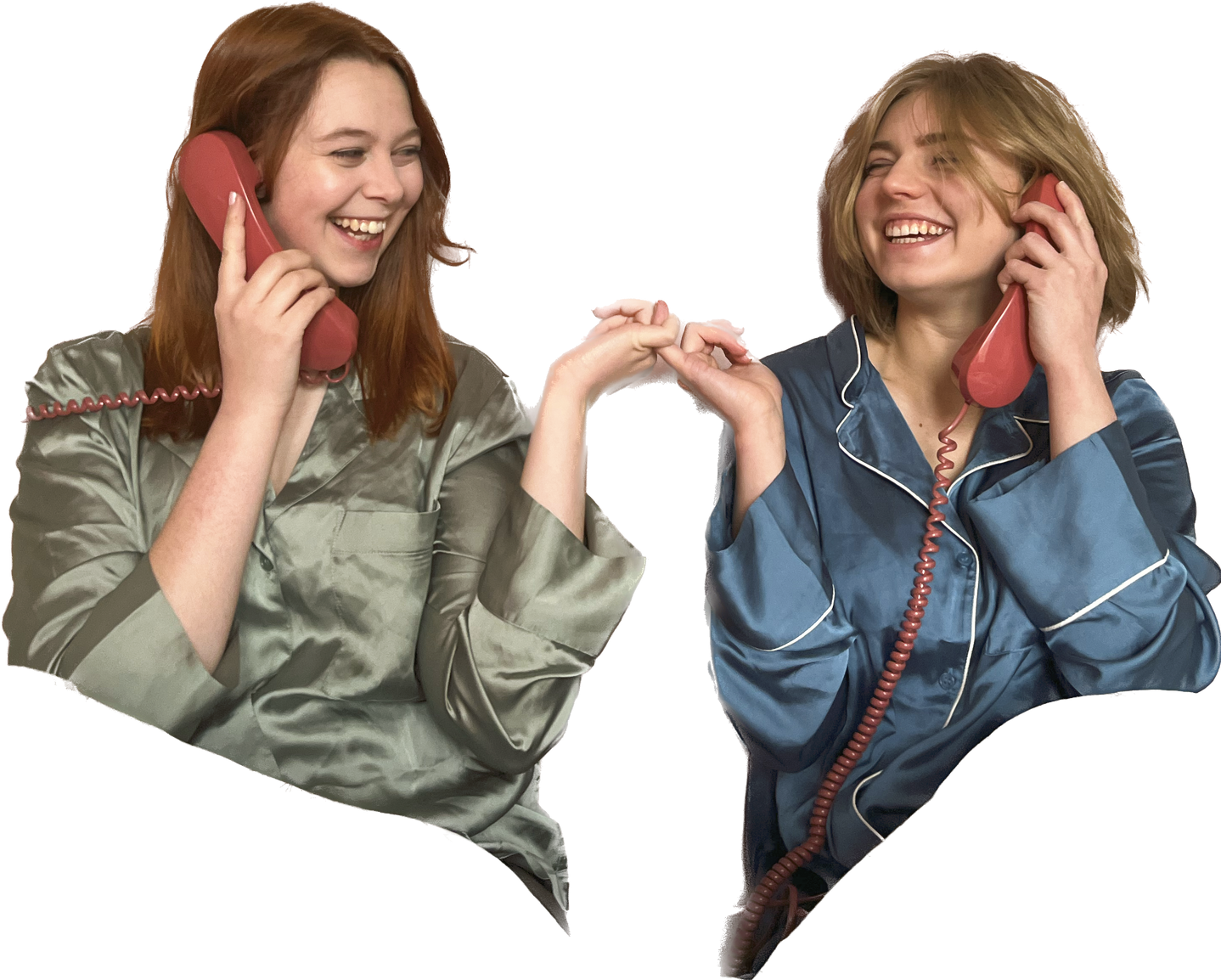 Abbie and Becky hold pink landline phones and smile at each other, locking their pinky fingers.